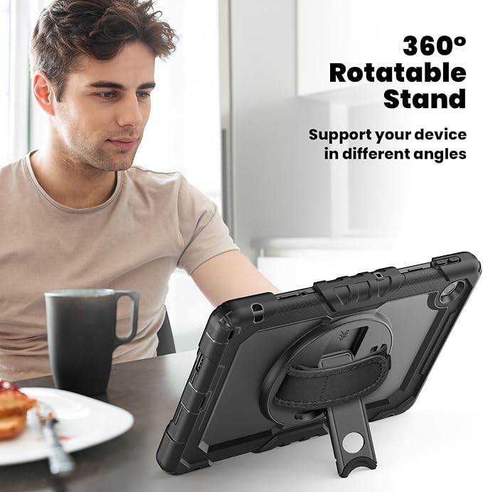 Junfire Shockproof Case for Lenovo Tab 10.1 (TB-311XU/TB-311FU) 2025 2026 | Screen Protector 360 Rotating Kickstand Hand Strap Shoulder Belt Black