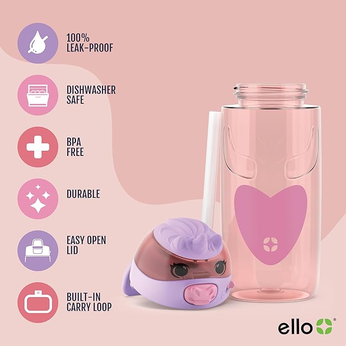 Ello Ellies 16oz Plastic Kids Water Bottle with Straw and Built-in Carrying Handle and Leak-Proof Locking Lid for School backpack, Lunchbox and Outdoor Sports, Unicorn