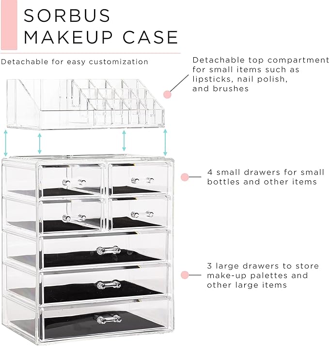 Sorbus Clear Cosmetic Makeup Organizer - Make Up & Jewelry Storage, Case & Display - Spacious Design - Great Holder for Dresser, Bathroom, Vanity & Countertop (3 Large, 4 Small Drawers)