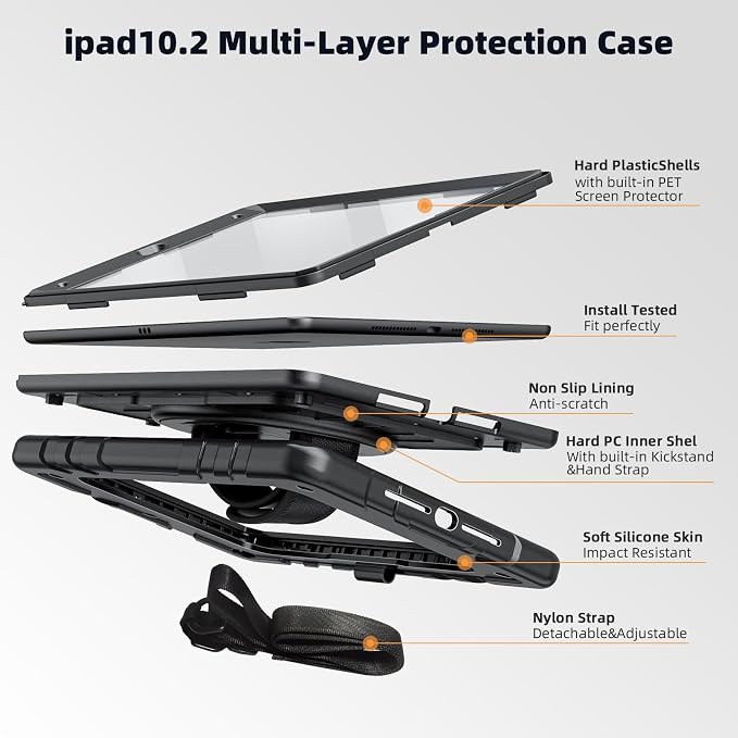 Case for iPad 9th/8th/7th Generation-Built-in Screen Protectorwith Pencil Holder&amp360°Rotating Hand StrapShoulder StrapCase for iPad 10.2 inch 2021-2019(Black)