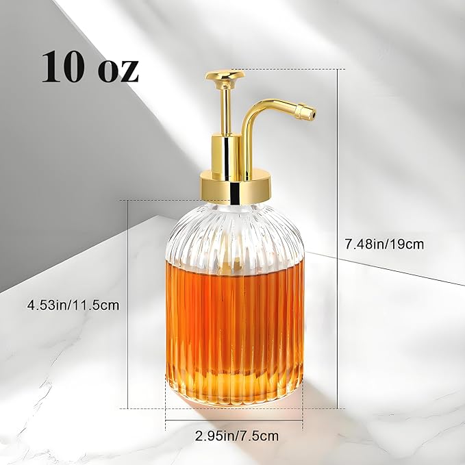 TIWPAJS Glass Coffee Syrup Dispenser 10oz, Syrup Bottles with Ribbed Design, Gold Syrup Pump, Coffee Bar Accessories, Honey Dispenser