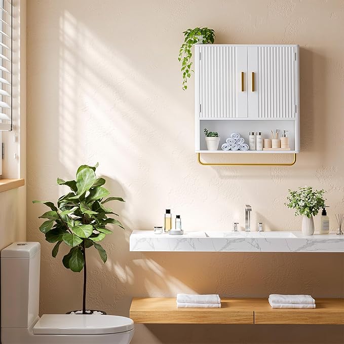 Bathroom Cabinet Wall Mount with Fluted Door Panel & Adjustable Shelf, Medicine Cabinet with Open Partition and Towel Bar, Wall Storage Cabinet for Laundry Room & Kitchen (White)