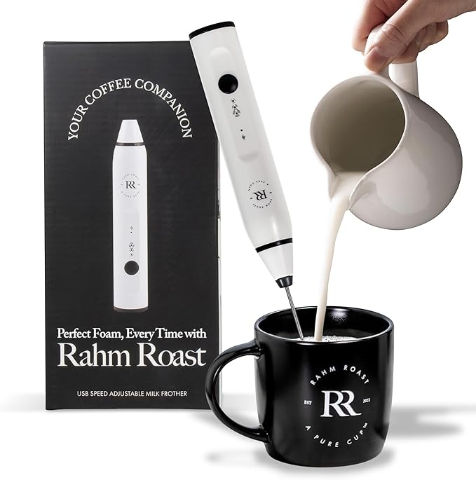 RAHM ROAST Frother Handheld - Powerful Coffee Frother Wand Rechargeable, Ultra Fast Milk Frother Handheld, Electric Whisk Drink Mixer with Stainless Steel for Coffee, Lattes, Matcha | White