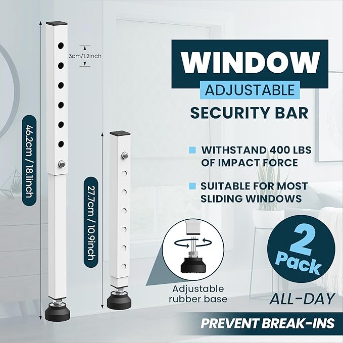 Gadgetzan 2 Pack Window Security Bars Adjustable 11"-18",Portable Short Sliding Window Lock Bar for Child Safety/Anti-Theft,Window safety lock with Rubber Base for Vertical and Horizontal Window-White