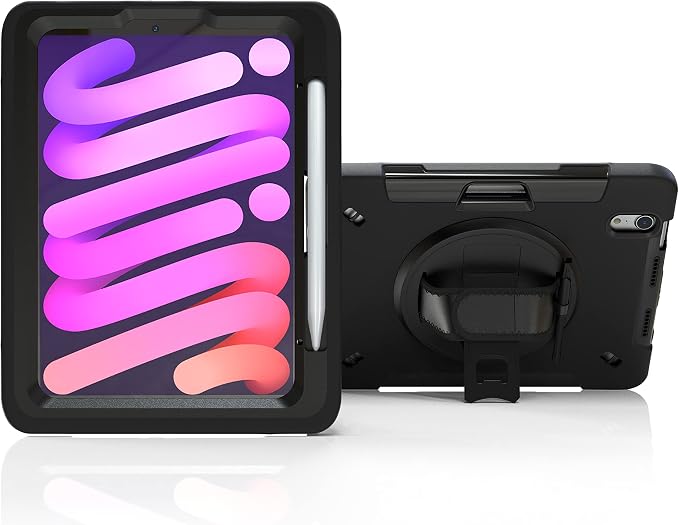 iPad mini 6 &amp 7 Standing Case | CTA Durable Tablet Case with Lightweight - Shock Absorption - Scratch Protecting - Rotatable Grip - Hand Strap for iPad mini 6 &amp iPad mini 7 - Black - (PAD-PCGK