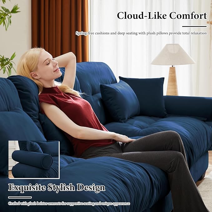 93.7" Loveseat Sofa, 2 Seater Modular Sectional Sofa, Blue Large U Shaped Sectional Couches for Living Room, Fluffy Couch, Love Seat, Velvet Cloud Couch with Ottoman, Deep Seat Sofas for Living Home
