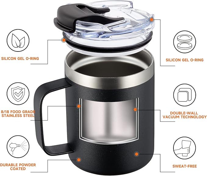 ALOUFEA 12oz Stainless Steel Insulated Coffee Mug with Handle, Double Wall Vacuum Travel Mug, Tumbler Cup with Fliping Lid, Black and Army Green
