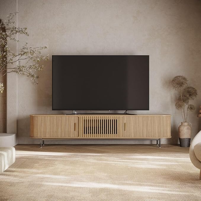 POVISON Fully-Assembled Mid Century Modern TV Stand for 85 inch TV, Sliding Door Entertainment Center with Storage, Wood TV Console, Media Console for Living Room Bedroom(Oak, 94.49")