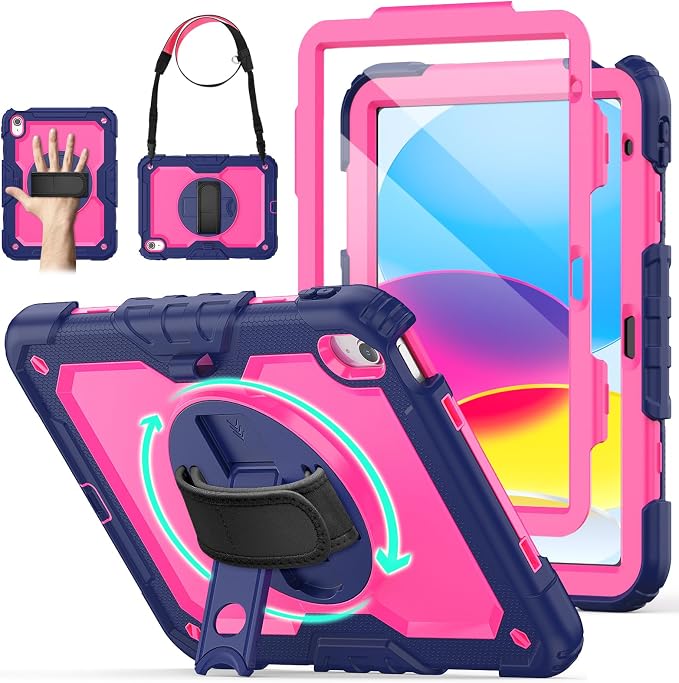 Case for iPad (A16) 11th/10th Generation 11''/10.9'' 2025/2022: Shockproof Protective Case with Hand/Shoulder Strap Pencil Holder Rotate Stand Screen Protector Black
