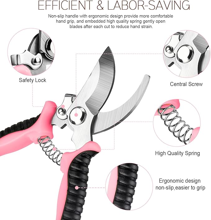 4 Packs Garden Pruning Shears Stainless Steel Blades Handheld Pruners Set with Gardening Gloves(Pink)