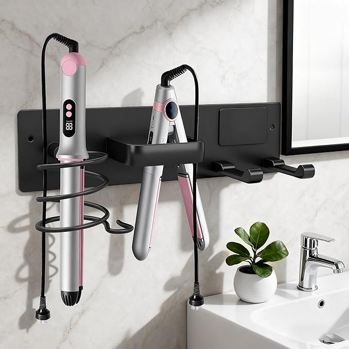 Dovyn Blow Dryer Holder Wall Mount, 3 in 1 Bathroom Hair Tool Organizer with Curling Iron Holder & Flat Iron Holder, Universal Hair Dryer Holder Rack Storage Matte Black