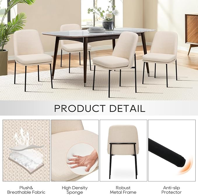 COLAMY Modern Dining Chairs Set of 4, Fabric Upholstered Dining Room Chairs Dinner Chair Stylish Kitchen Chairs with Curved Back and Metal Legs, Beige
