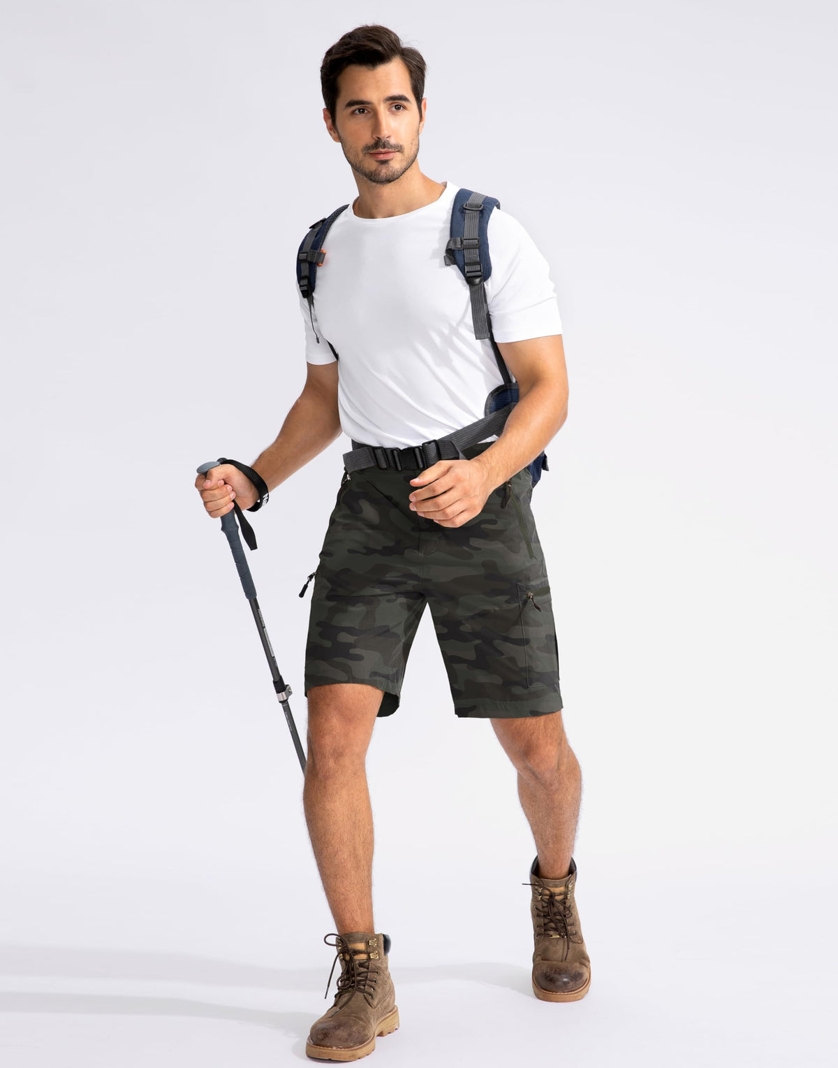 Pudolla Men's Hiking Cargo Shorts 9" Lightweight Outdoor Work Shorts for Men Travel Golf Camping Casual with 5 Zipper Pockets(Green Camo Large)