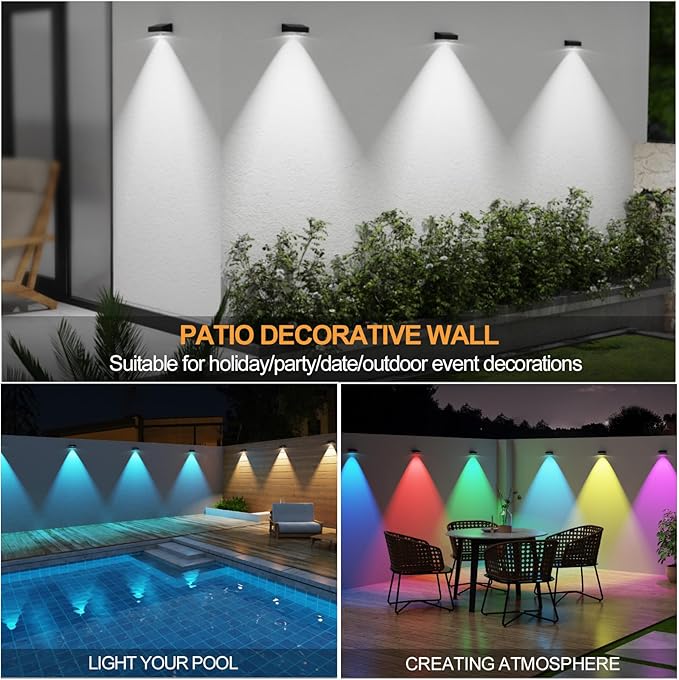 Solar Fence Lights,Fence Lights Solar Powered Waterproof IP65 Multicolor Led 12 Fixed Colors ＆RGB Color Changing for Pool, Deck, Patio, Porch, Stairs, Holiday (12)