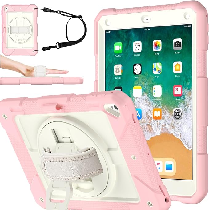 BMOUO Case for iPad 6th/5th Generation Case (9.7 inch 2018/2017) 360°Rotating Stand Hand/Shoulder Strap Shockproof iPad 9.7” Case for iPad Air 2 Black