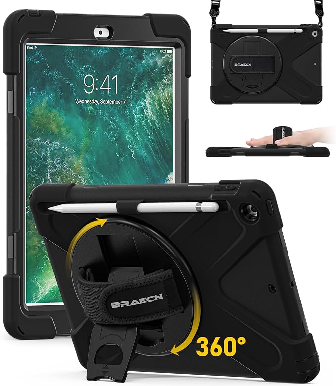 BRAECN Case for iPad 6th/5th Generation - 9.7 inch 2018/2017 Black | Protective Heavy Duty Shockproof Rugged Cover for Kids/Adults 360° Rotating Hand Strap/Stand &amp Detachable Shoulder Strap