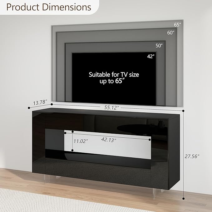 Vavkorkula High Gloss TV Stand for 65 Inch with 2 Large Drawers & Hidden Storage Cabinets, Modern Entertainment Center Television Stands for Living Room Bedroom, Black