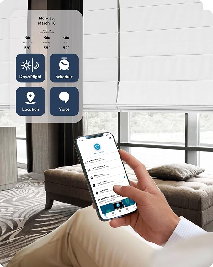Graywind Smart Roman Shades 100% Blackout Compatible with Alexa Google Rechargeable Motorized Window Blinds Remote Control Room Darkening Plain Fold, Custom Size (Matelasse White)