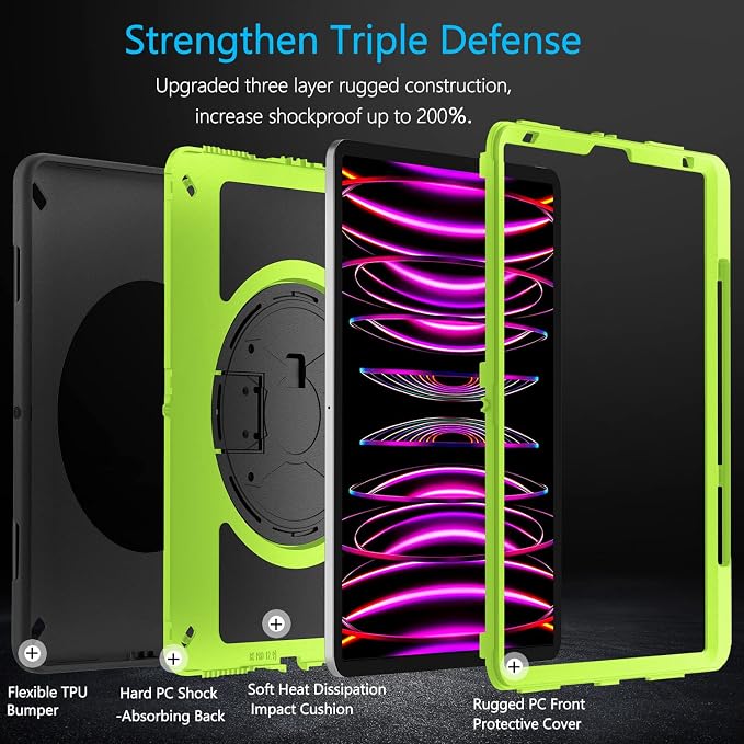 Miesherk Case for iPad Pro 12.9 Inch 6th/5th/4th GenShockproofGreen | Military Grade Heavy Duty Shockproof iPad Pro 12.9 Case - Rotating Stand Pencil Holder Hand/Shoulder Strap