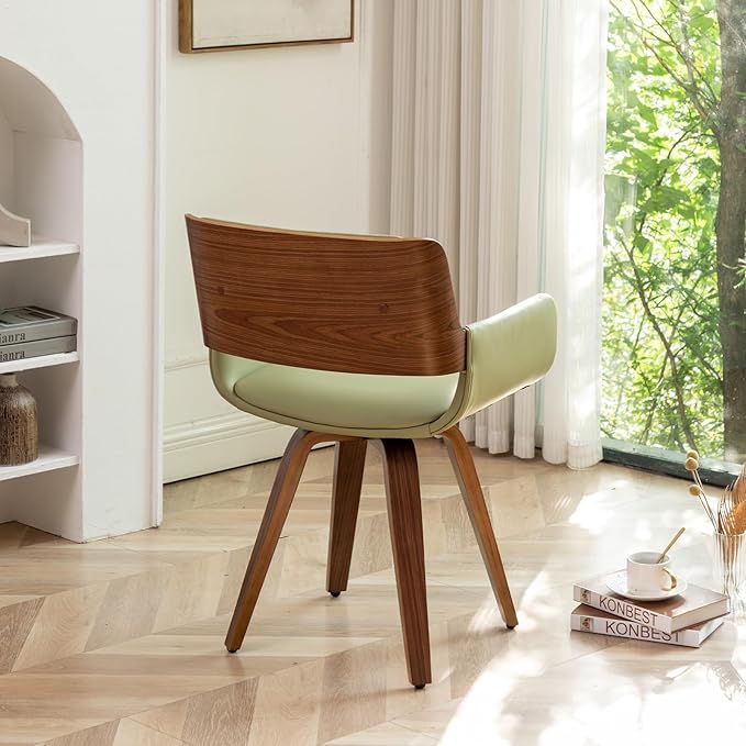 LUNLING Swivel Accent Faux Leather Dining Chairs Set of 2 Mid Century Modern Chairs with Wooden Legs/Armrest/Upholstered Seat/Adjustable Foots for Kitchen Dining Room Desk Chairs Beige