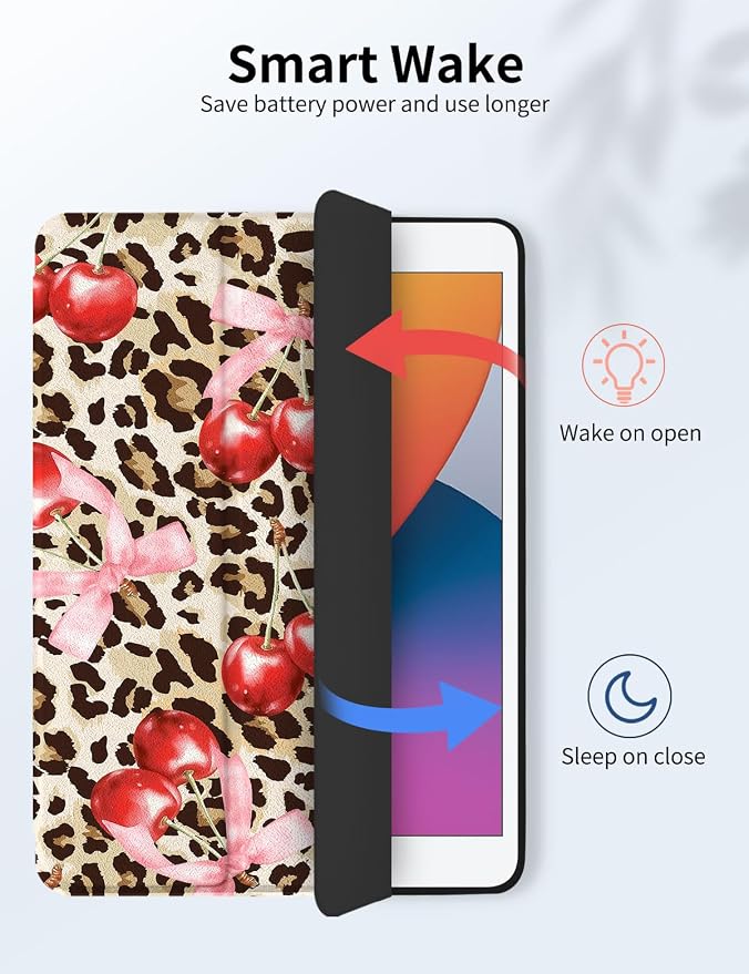 Case for iPad 9th/ 8th/ 7th Generation Case 10.2&amp10.5 Inch (2021/2020/2019 Release) Slim Lightweight Soft Trifold Back Cover with Pencil Holder &amp Auto Sleep/Wake Cover Cherries Cheetah Bows