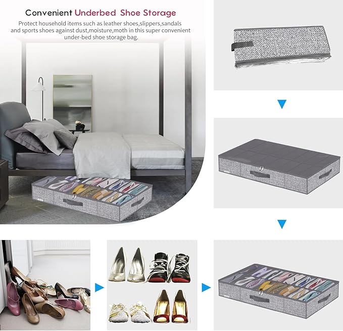 Onlyeasy Sturdy Under Bed Shoe Storage Organizers with Handles & Clear Window (16 to 32 Pairs) 2 Pack, Closet Shoes Containers Boxes for Kids & Adults, 37.7"x23.6"x5.9", Linen-like Grey, MXDUBS16P2