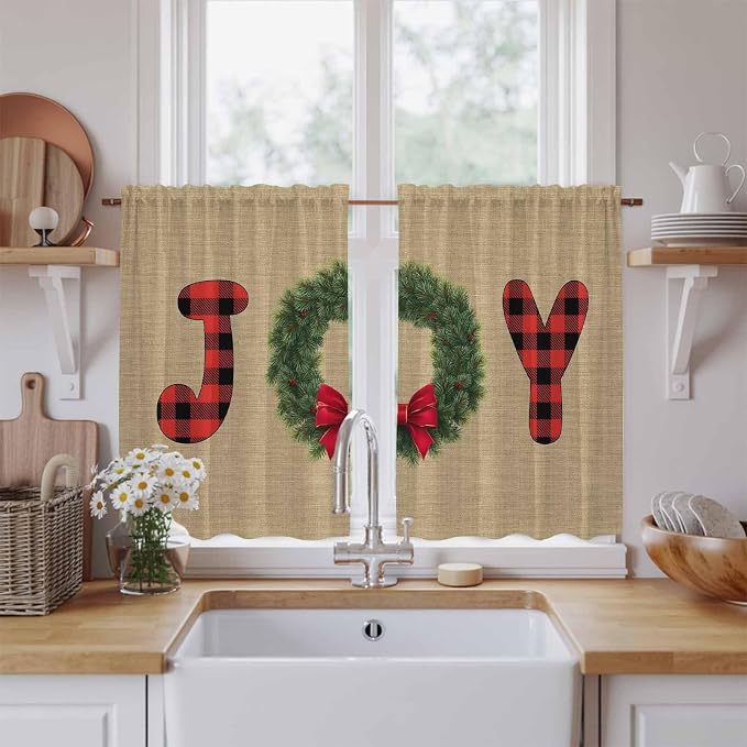 Red Green Christmas Kitchen Tier Curtains 45 Inch Long 2 Panel Set, Rod Pocket