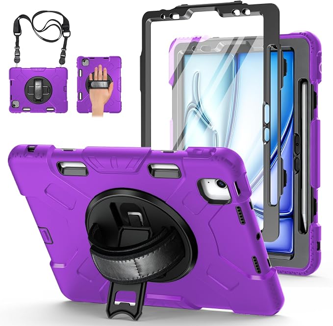 Case for iPad 9th/8th/7th Generation 10.2 Inch Black | Shockproof Protective Silicone Cover with Rotatable Stand-Screen Protector-Handle- Shoulder strap- Pencil holder