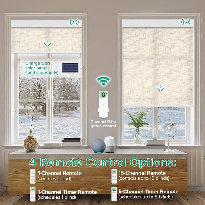 Kilonity Motorized Roller Shades, Light Filtering Remote Control Custom Window Shades Compatible with Alexa Google Assistant via RF Hub, Rechargeable Electric Blinds for Windows (Texture Beige)