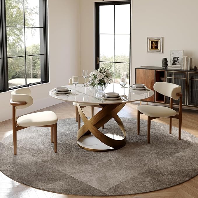 POVISON 51" Modern Round Dining Table for 4-6, Glossy White Round Dining Room Table, Sintered Stone Dining Tabletop with Bronze X Carbon Steel Base (Dining Table Only)