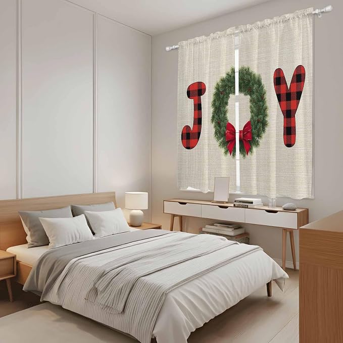 Red Green Christmas Window Curtains 63 Inch Long 2 Panel Set, Rod Pocket