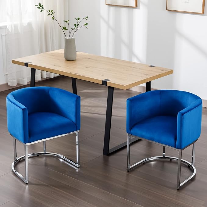 Velvet Dining Chairs Set of 4 Modern Barrel Arm Chairs with Chrome Metal Frame, Upholstered Kitchen Chairs 18.5" Wide Accent Chairs for Living Room Dining Room Restaurant, Blue