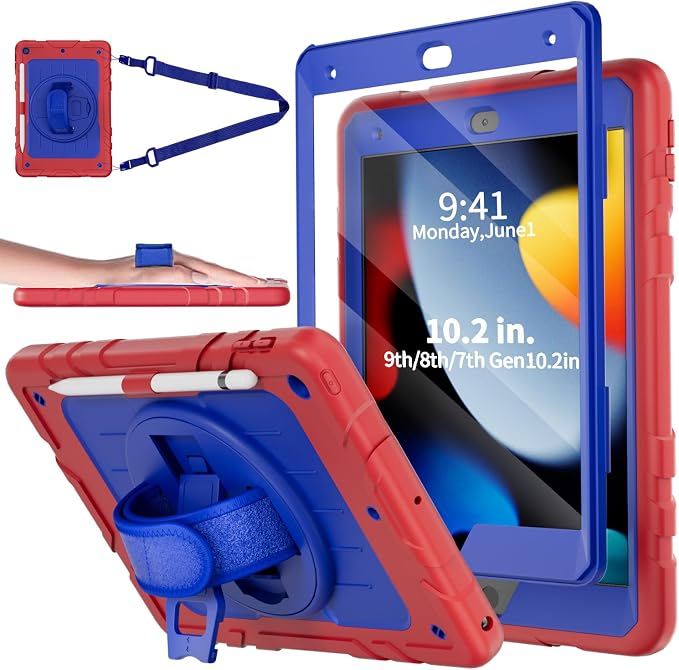 Case for iPad 9th/8th/7th Generation-Built-in Screen Protectorwith Pencil Holder&amp360°Rotating Hand StrapShoulder StrapCase for iPad 10.2 inch 2021-2019(Black)