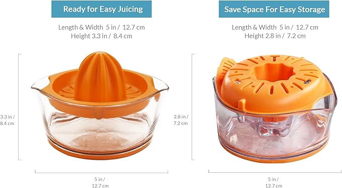 PortoFino Citrus Juicer, Lemon Squeezer, Orange Juicer, Manual Hand Juicer with Built-in Measuring Cup and Strainer, Space Saving Design, Pulp Control, Dishwasher Safe, 8oz
