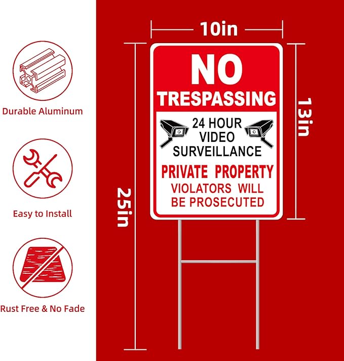 GXGGUS NO Trespassing Signs Private Property Video Surveillance Sign, Large 2-Pack 13"x10" Double-Sided Signs, H-Stake Metal Stakes, Outdoor Yard Sign for Home and Front Door Land, and Garden, Lawn
