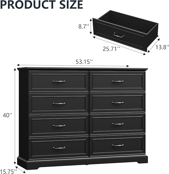 8 Drawer Dresser for Bedroom, 53" Wide Wooden Chest of Drawers, Rustic Farmhouse Dresser with Large Drawers & Metal Handles, Modern Storage Organizer for Closet, Living Room, Hallway, Black