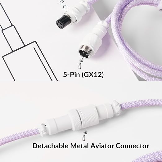 Keychron Custom Coiled Aviator USB-C Cable Black 5-Pin (GX12) Detachable Metal Connector USB-A Adapter Durable Braided Cable for Mechanical Keyboards Charging &amp Data Transfer