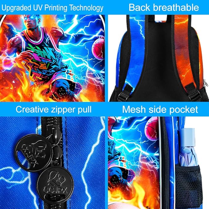 gxtvo 3PCS Kids Basketball Backpack for Boys, 17" School Bag with Lunch Box, Water Resistant Lightning Bookbag Middle Elementary - Fire & Lightning Basketball Player
