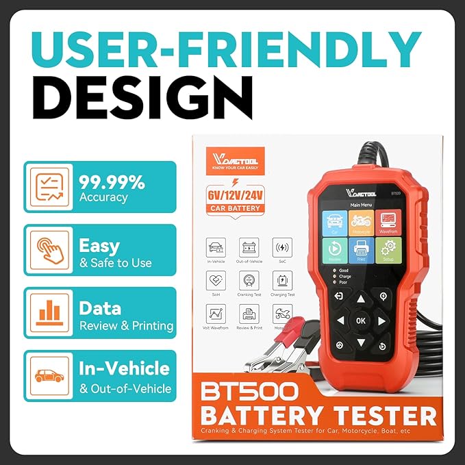 Car Battery Tester 6V 12V 24V VDIAGTOOL BT500, 5-3000 CCA Battery Load Tester, Starter Alternator Tester Automotive Charging Cranking System Analyzer for Car Truck Motorcycle SUV ATV Boat