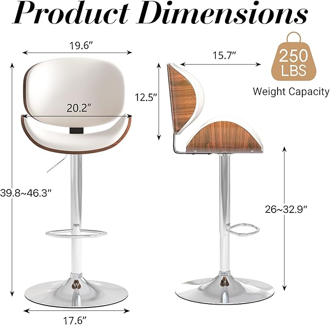Adjustable Swivel Bar Stools Set of 2, Modern Bentwood Barstool with Large Metal Base and Footrest, PU Leather Upholstered Bar Chair with Curved Back for Kitchen Island Dining Room, White