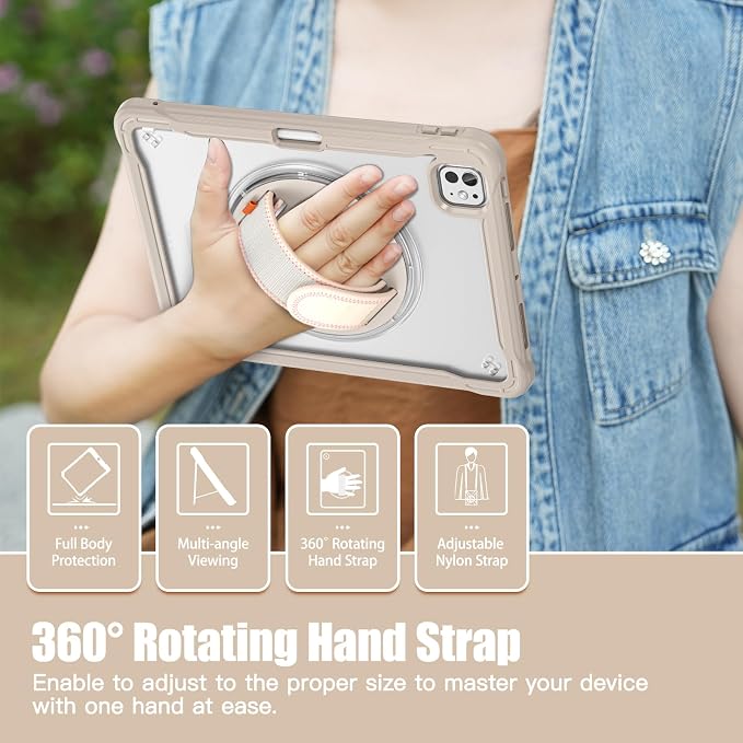 ZenRich Clear Case for iPad Pro 11-inch M5 2025 / M4 2024 LightBlue | Screen Protector Pencil Holder 360°Rotating Kickstand Carrying Strap Shockproof Protective Rugged
