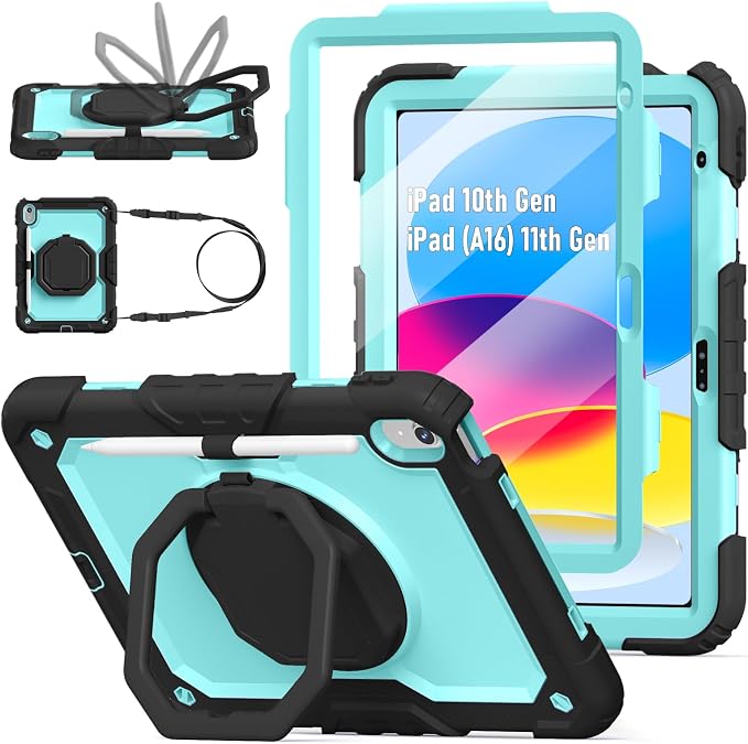 Case for iPad (A16) 11th/10th Generation 11/10.9 2025/2022 Black | Full-body Heavy Duty iPad A16 Case for Adults Kids with Screen Protector 360° Rotating Stand Shoulder Strap Pencil Holder