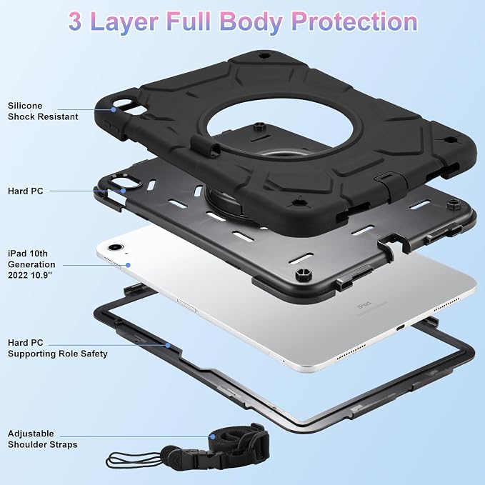 for iPad (A16) 11th Generation case 11''(2025)/10th Generation case 10.9''(2022)360°Rotatable Stand with [Pencil Holder&ampShoulder Strap] Heavy Duty Shockproof Protective Silicone Case (Black)