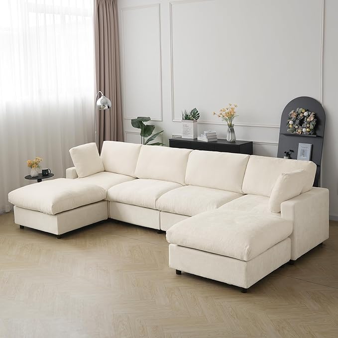 JACH U Shape Sectional Couches for Living Room, Modular Sofa with Chaise Ottomans, Cloud Sectional Couch, Sofa Covers Washable, Minimalist Couch for Living Room, Apartment, Beige