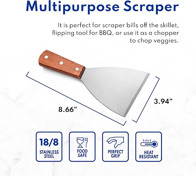 New Star Foodservice Stainless Steel Slant Edge Grill Scraper with Wood Handle, 4 x 8.5 Inch Restaurant Grade Griddle Scraper, Flat Top Scraper, Grill Cleaning Tool