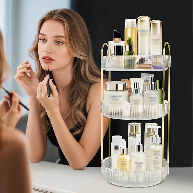 360 Rotating Makeup Organizer for Vanity,3 Tier Large Capacity Skincare Organizers,Bathroom Counter Organizer, transparent Spinning Perfume & Vanity Organizer (White, 3 Tier)