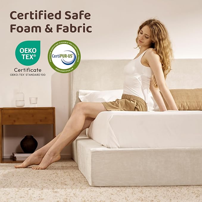 RECCI Cloud Upholstered Full Bed Frame with Headboard, 5 Inch Foam Padded Platform, No Box Spring, Easy Assembly(Cream)