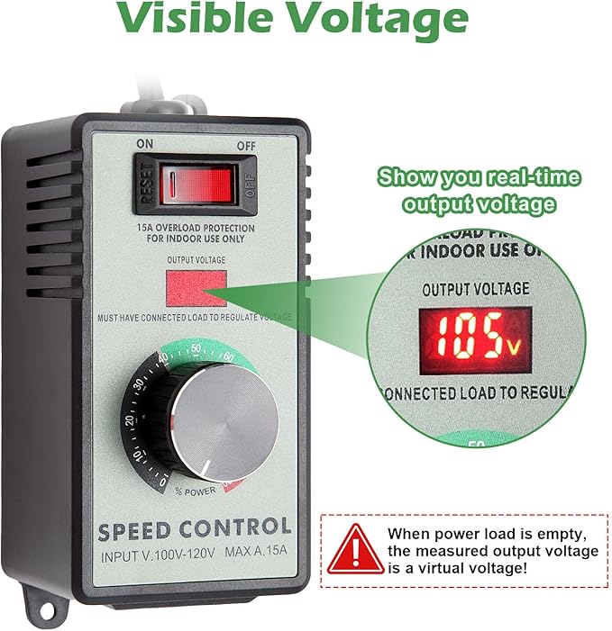 AC Motor Speed Controller 110-120V / 15A Max / 10A Rated Variable Fan Speed Controller AC Electronic Voltage Regulator with Overload Protection Switch & Voltage LED Display Screen