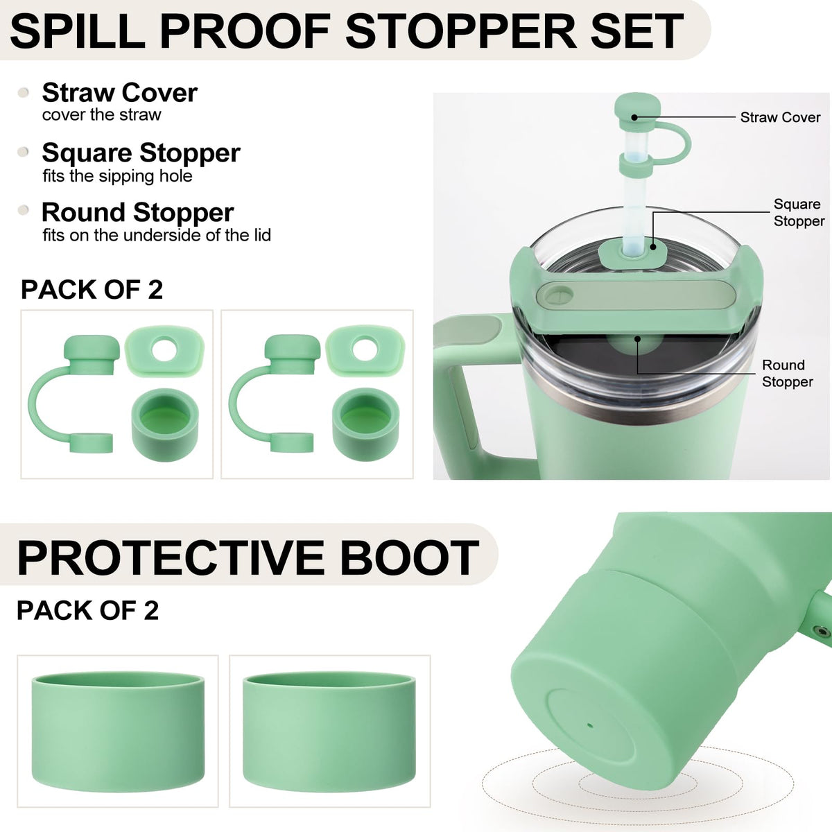 HYZ 8pcs Stanley Cup Accessories, Spill Proof Stopper & Boot Set, Jade
