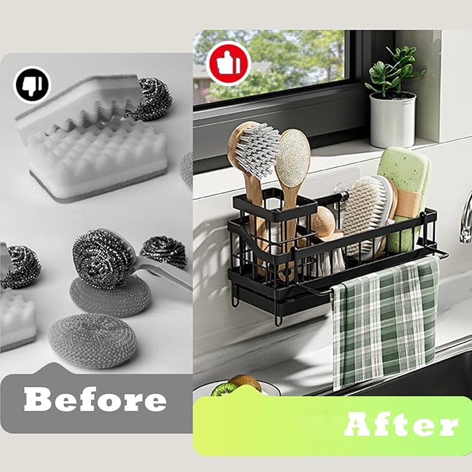 Sink Caddy kitchen Organzier with High Brush Holder, Wall-Mounted Sponge Holder for Sink, Countertop Organizer Soap Dispenser Storage, Rustproof 304 Stainless Steel Kitchen Essentials